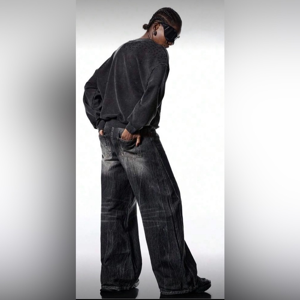 Rhinestone Black Acid Wash Long-Sleeve Shirt | XS | Cotton | NWT | Oversize - Picture 5 of 9